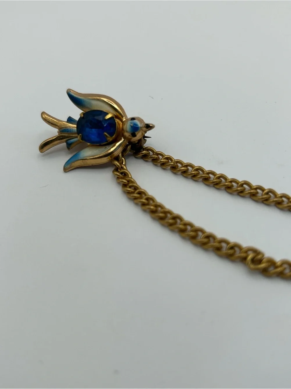 Vintage Coro Pegasus Blue Enamel Bird Chain Brooch - Elegant Blue Crystal Accent